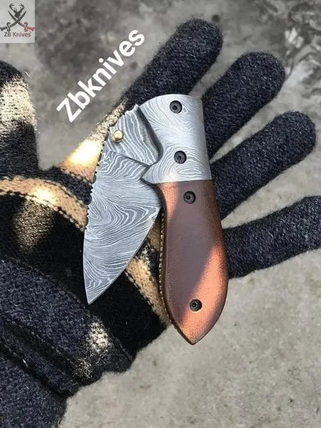 6.5" Inches HAND FORGED Full Tang Damascus Steel Folding Pocket Knife+ Leather sheath - ZB Knives Store