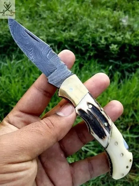 6.5" inches HAND FORGED Damascus Steel Folding Pocket knife + Leather Sheath - ZB Knives Store