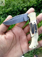 6.5" inches HAND FORGED Damascus Steel Folding Pocket knife + Leather Sheath - ZB Knives Store