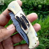 6.5" inches HAND FORGED Damascus Steel Folding Pocket knife + Leather Sheath - ZB Knives Store