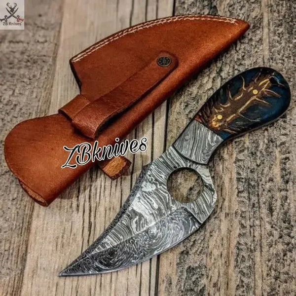 6.75" Inches HAND FORGED Full Tang Damascus Steel Skinning Knife + leather sheath - ZB Knives Store