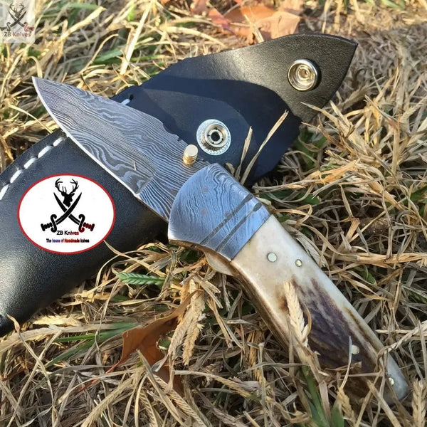 6.75" inches HAND FORGED Damascus Steel Folding Pocket knife + Leather Sheath - ZB Knives Store