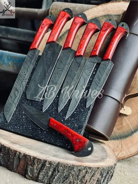7 PCS HAND FORGED Full Tang Damascus Steel Kitchen Set Knives+ Leather Roll kit ❤️❤️❤️ - ZB Knives Store