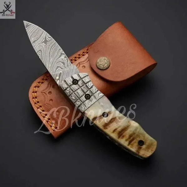 7.25" Inches HAND FORGED Damascus Steel Folding Pocket Knife + leather sheath - ZB Knives Store