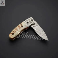 7.25" Inches HAND FORGED Damascus Steel Folding Pocket Knife + leather sheath - ZB Knives Store