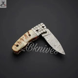 7.25" Inches HAND FORGED Damascus Steel Folding Pocket Knife + leather sheath - ZB Knives Store