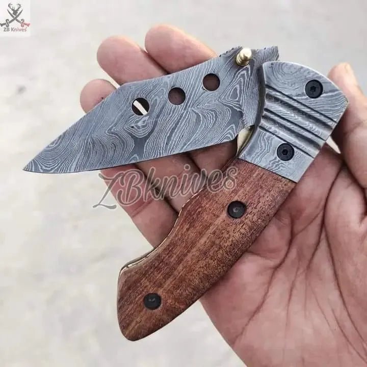 7.5" Inches HAND FORGED Damascus Steel Folding Pocket Knife + leather sheath - ZB Knives Store