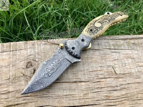 7.5" Inches HAND FORGED Damascus Steel Folding Pocket Knife + leather sheath - ZB Knives Store