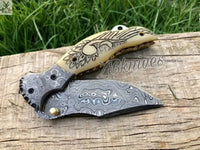 7.5" Inches HAND FORGED Damascus Steel Folding Pocket Knife + leather sheath - ZB Knives Store