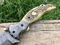 7.5" Inches HAND FORGED Damascus Steel Folding Pocket Knife + leather sheath - ZB Knives Store