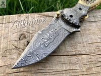 7.5" Inches HAND FORGED Damascus Steel Folding Pocket Knife + leather sheath - ZB Knives Store