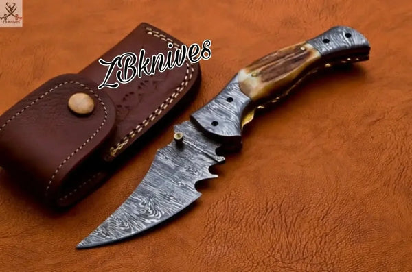 7.5" Inches HAND FORGED Damascus Steel Folding Pocket Knife + leather sheath - ZB Knives Store