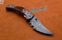 7.5" Inches HAND FORGED Damascus Steel Folding Pocket Knife + leather sheath - ZB Knives Store