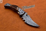 7.5" Inches HAND FORGED Damascus Steel Folding Pocket Knife + leather sheath - ZB Knives Store