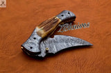7.5" Inches HAND FORGED Damascus Steel Folding Pocket Knife + leather sheath - ZB Knives Store