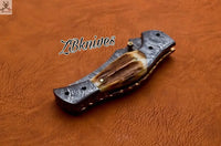 7.5" Inches HAND FORGED Damascus Steel Folding Pocket Knife + leather sheath - ZB Knives Store