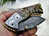 7.5" Inches HAND FORGED Damascus Steel Folding Pocket Knife + leather sheath - ZB Knives Store