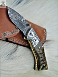 7.5" Inches HAND FORGED Damascus Steel Folding Pocket Knife + leather sheath - ZB Knives Store