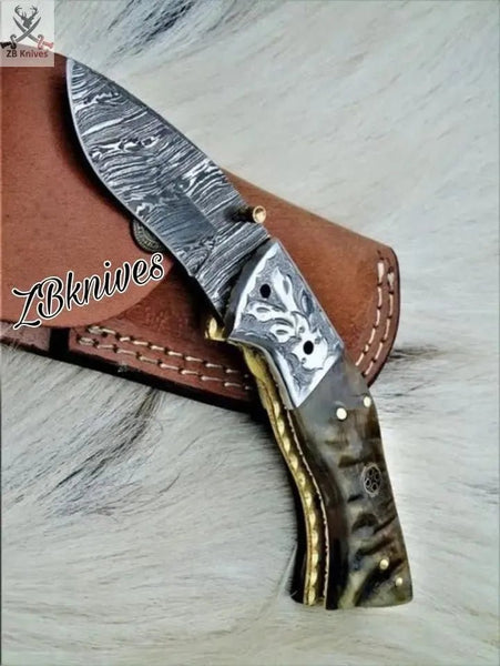 7.5" Inches HAND FORGED Damascus Steel Folding Pocket Knife + leather sheath - ZB Knives Store