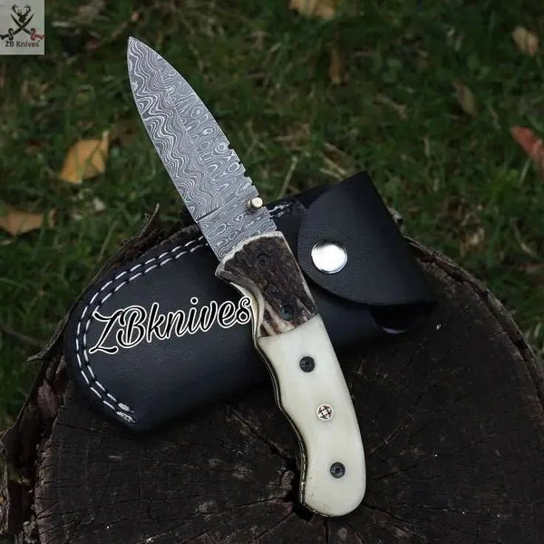 7.5" Inches HAND FORGED Damascus Steel Folding Pocket Knife + leather sheath - ZB Knives Store