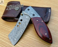 7.5" Inches HAND FORGED Damascus Steel Folding Pocket Knife + leather sheath - ZB Knives Store