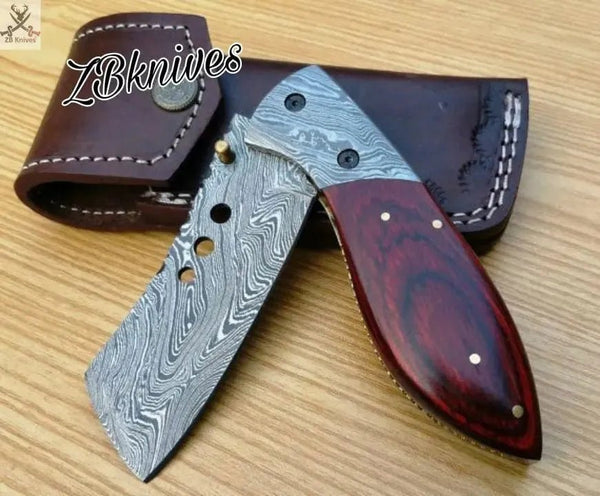 7.5" Inches HAND FORGED Damascus Steel Folding Pocket Knife + leather sheath - ZB Knives Store