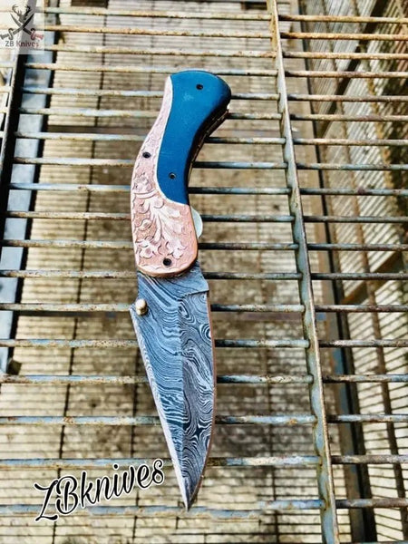 7.5" Inches HAND FORGED Damascus Steel Folding Pocket Knife + leather sheath - ZB Knives Store