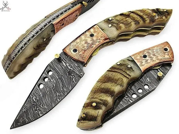7.5" Inches HAND FORGED Damascus Steel Folding Pocket Knife+ Leather sheath - ZB Knives Store