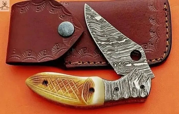 7.5" Inches HAND FORGED Damascus Steel Folding Pocket Knife+ Leather sheath - ZB Knives Store
