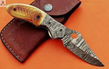 7.5" Inches HAND FORGED Damascus Steel Folding Pocket Knife+ Leather sheath - ZB Knives Store