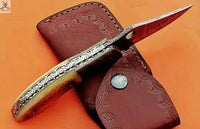 7.5" Inches HAND FORGED Damascus Steel Folding Pocket Knife+ Leather sheath - ZB Knives Store