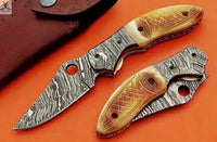 7.5" Inches HAND FORGED Damascus Steel Folding Pocket Knife+ Leather sheath - ZB Knives Store