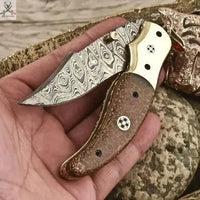 7.5" Inches HAND FORGED Damascus Steel Folding Pocket knife+ Leather sheath - ZB Knives Store