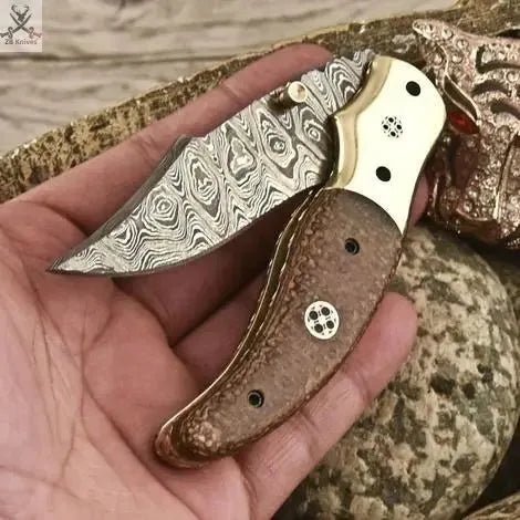 7.5" Inches HAND FORGED Damascus Steel Folding Pocket knife+ Leather sheath - ZB Knives Store