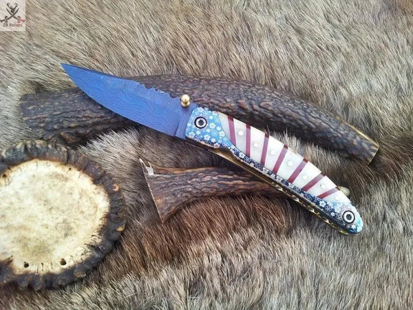 7.5" Inches HAND FORGED Full Tang Damascus Steel Folding Pocket Knife+ Leather sheath - ZB Knives Store