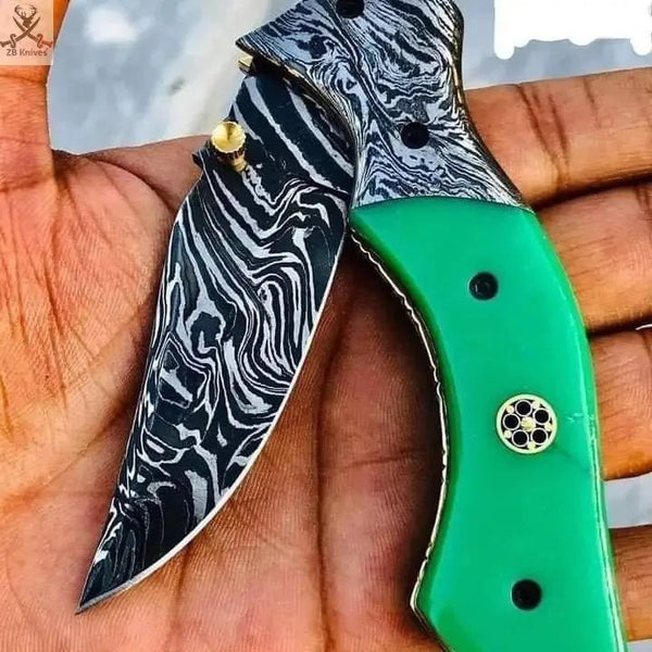 7.5" Inches HAND FORGED Full Tang Damascus Steel Folding Pocket Knife+ Leather sheath - ZB Knives Store