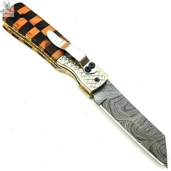 7.5" Inches HAND FORGED Full Tang Damascus Steel Folding Pocket Knife+ Leather sheath - ZB Knives Store