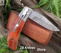 7.5" inches HAND FORGED Damascus Steel Folding Pocket Knife + Leather Sheath - ZB Knives Store