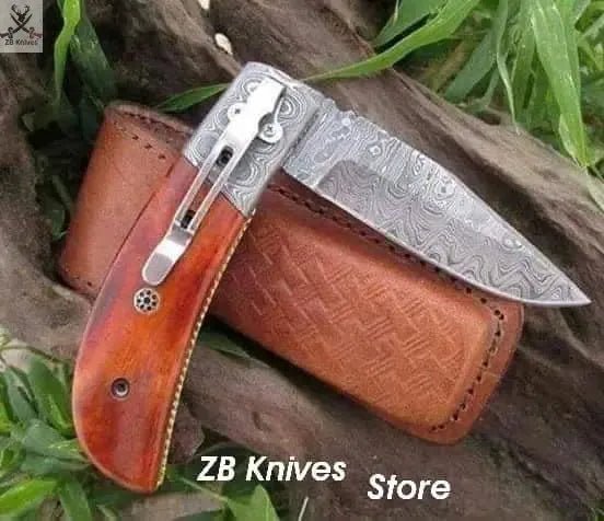 7.5" inches HAND FORGED Damascus Steel Folding Pocket Knife + Leather Sheath - ZB Knives Store
