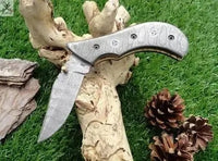 7.5" inches HAND FORGED Damascus Steel Folding Pocket Knife + Leather Sheath - ZB Knives Store