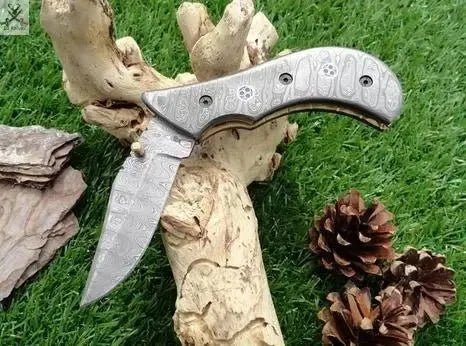 7.5" inches HAND FORGED Damascus Steel Folding Pocket Knife + Leather Sheath - ZB Knives Store