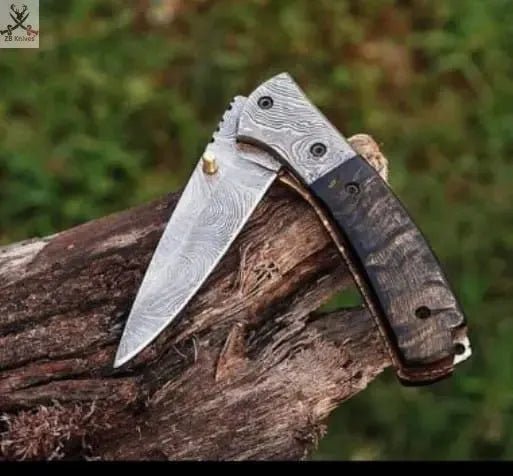 7.5" inches HAND FORGED Damascus Steel Folding Pocket Knife + Leather Sheath - ZB Knives Store