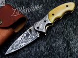 7.5" inches HAND FORGED Damascus Steel Folding Pocket Knife + leather sheath - ZB Knives Store