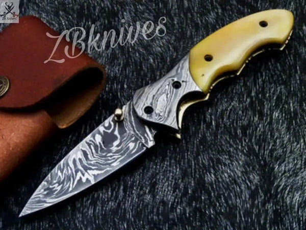 7.5" inches HAND FORGED Damascus Steel Folding Pocket Knife + leather sheath - ZB Knives Store