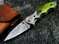 7.5" inches HAND FORGED Damascus Steel Folding Pocket Knife + leather sheath - ZB Knives Store