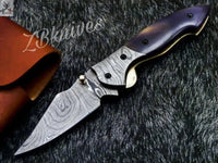 7.5" inches HAND FORGED Damascus Steel Folding Pocket Knife + leather sheath - ZB Knives Store