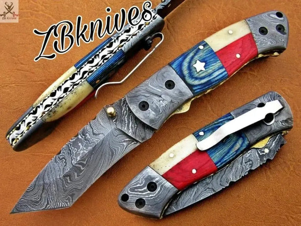 7.5" inches HAND FORGED Damascus Steel Folding Pocket Knife + leather sheath - ZB Knives Store