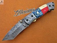 7.5" inches HAND FORGED Damascus Steel Folding Pocket Knife + leather sheath - ZB Knives Store