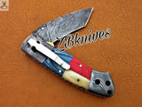 7.5" inches HAND FORGED Damascus Steel Folding Pocket Knife + leather sheath - ZB Knives Store