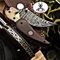 7.5" inches HAND FORGED Damascus Steel Folding Pocket knife + Leather Sheath - ZB Knives Store